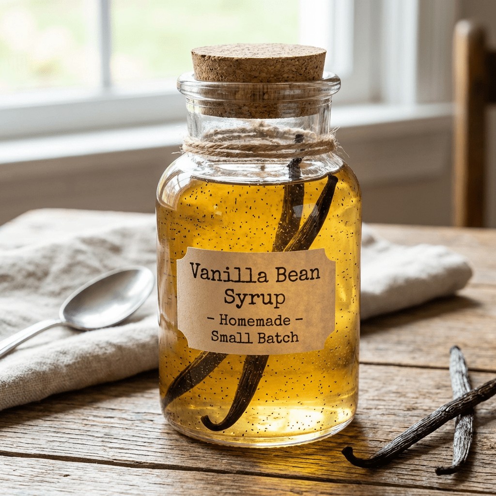 Glass jar labeled Vanilla Bean Syrup - Homemade - Small Batch filled with vanilla-infused liquid.
