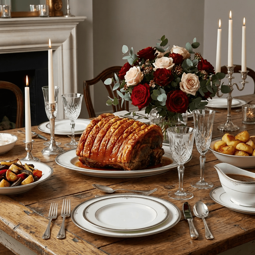 Roast pork with golden crackling on a dining table with flowers, candles, and sides.