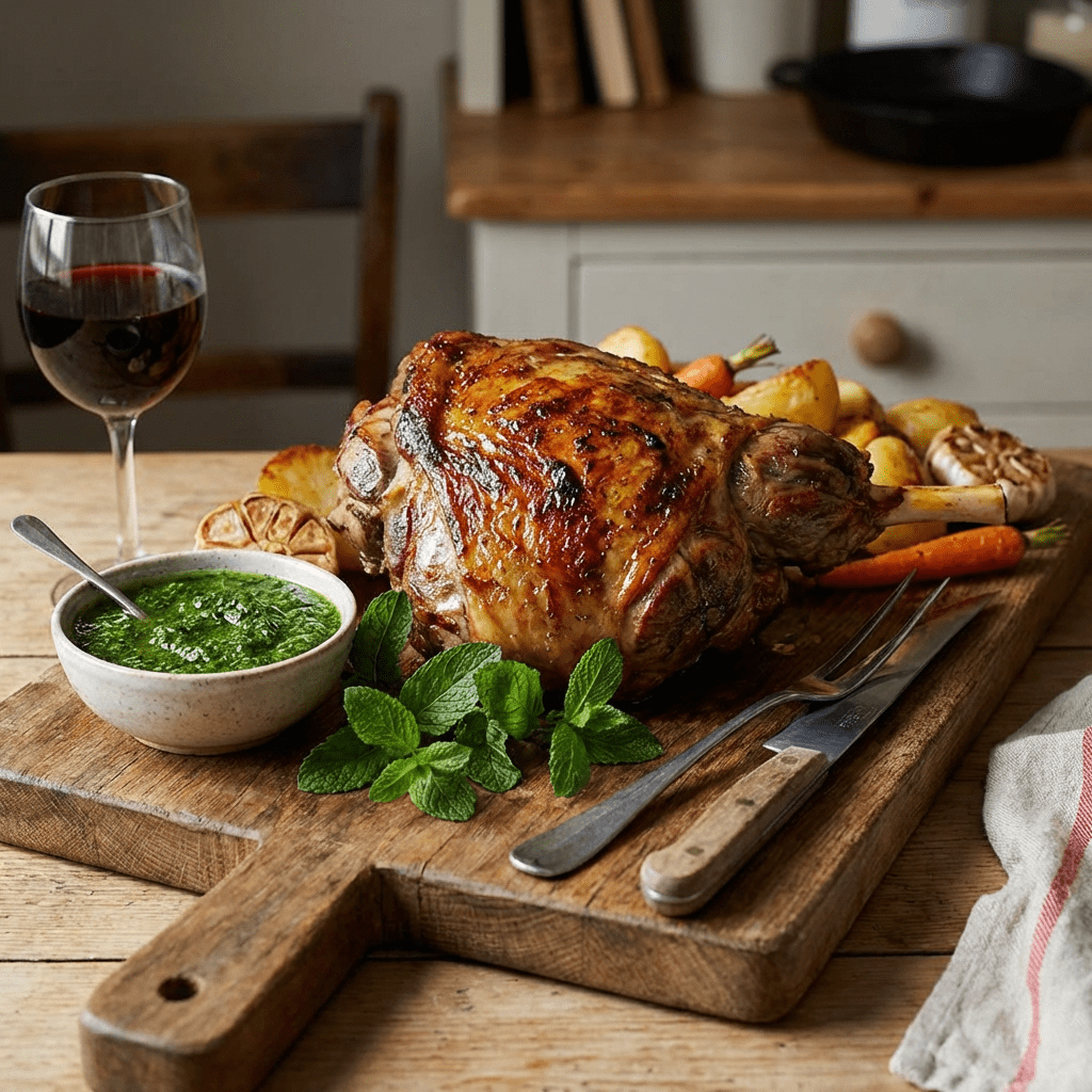 Roasted leg of lamb on a wooden board with potatoes, carrots, mint sauce, and red wine.
