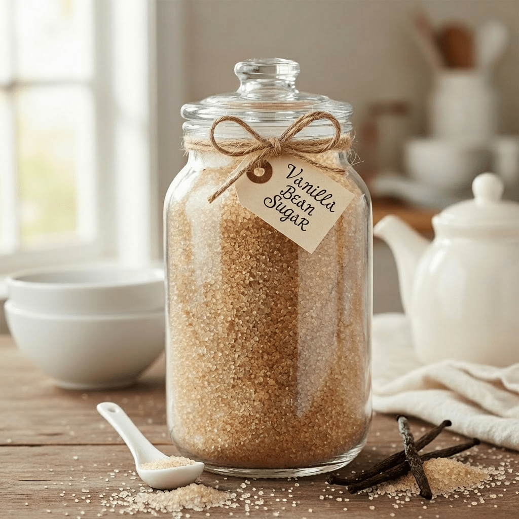 Glass jar of brown sugar and vanilla beans labeled Vanilla Bean Sugar on a table.