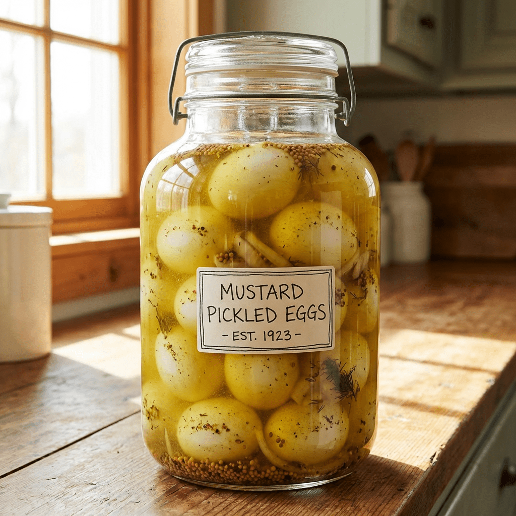 A large glass jar filled with mustard pickled eggs, labeled MUSTARD PICKLED EGGS - EST. 1923 -.