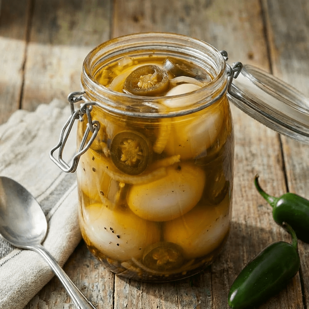 Pickled eggs with jalapeño slices and onions in a glass jar on a wooden table.