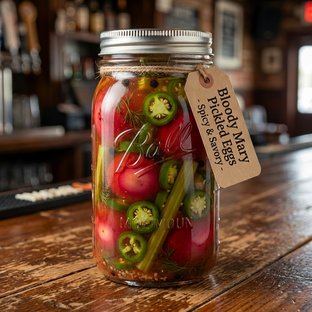 Mason jar labeled 'Bloody Mary Pickled Eggs' filled with red eggs, celery, and lemon in brine.