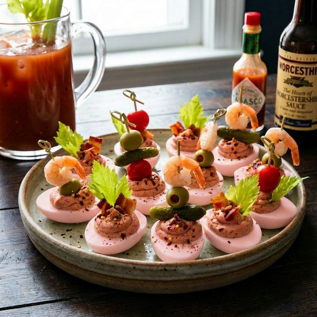 Deviled eggs topped with shrimp, bacon, and pickles served with Bloody Mary ingredients.