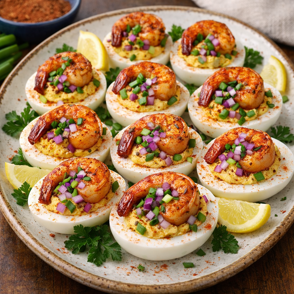 Deviled eggs topped with spicy shrimp and green herbs on a plate with lemon wedges