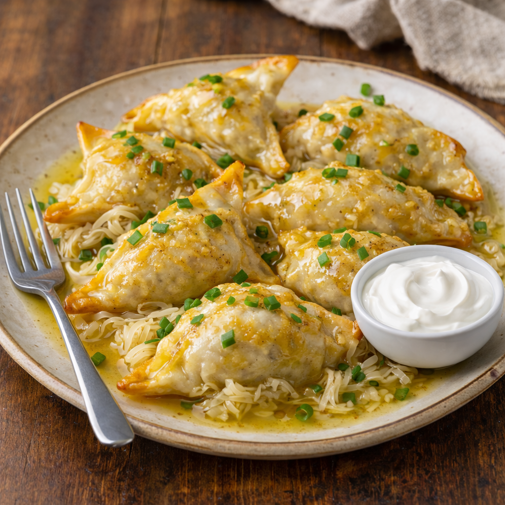 Golden-brown pierogies topped with bacon bits and green onions on a plate with sour cream