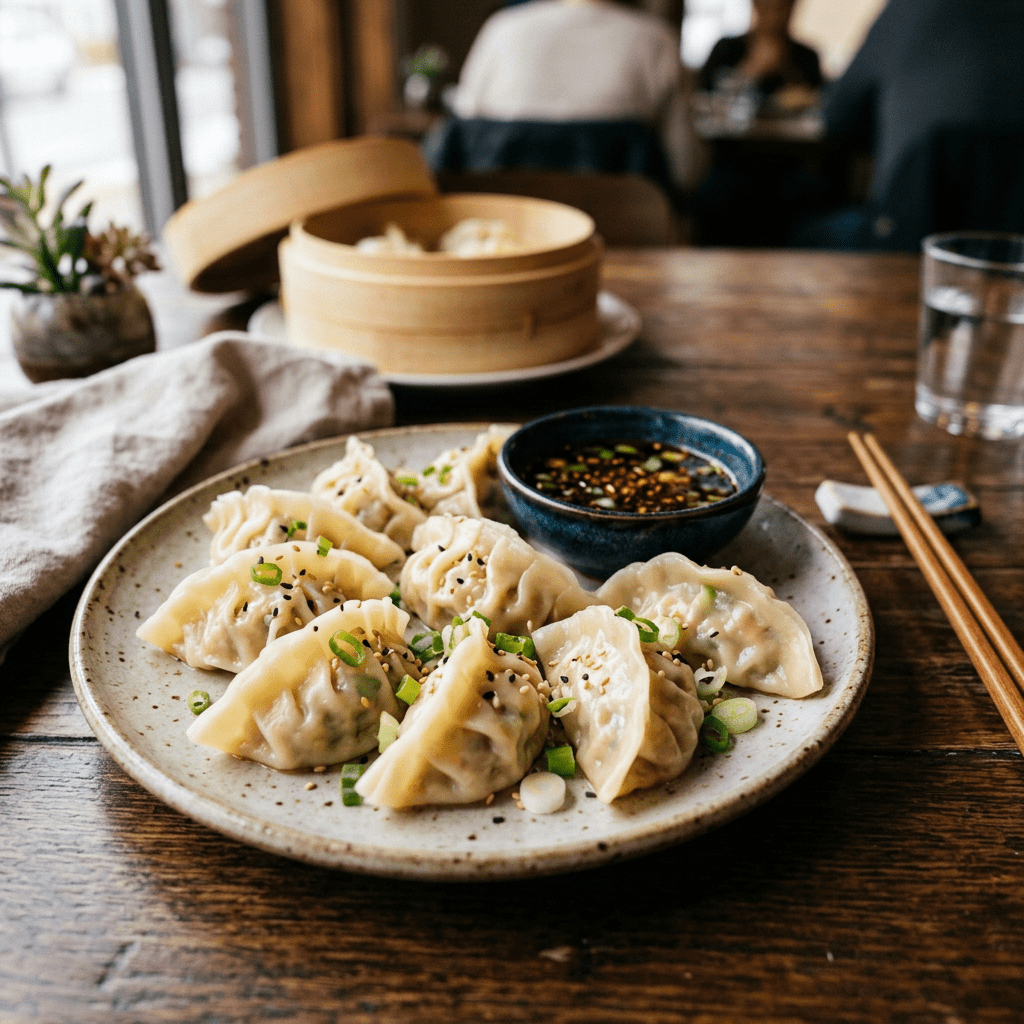 Plate of steamed dumplings garnished with green onions and sesame seeds next to a bowl of dipping sauce