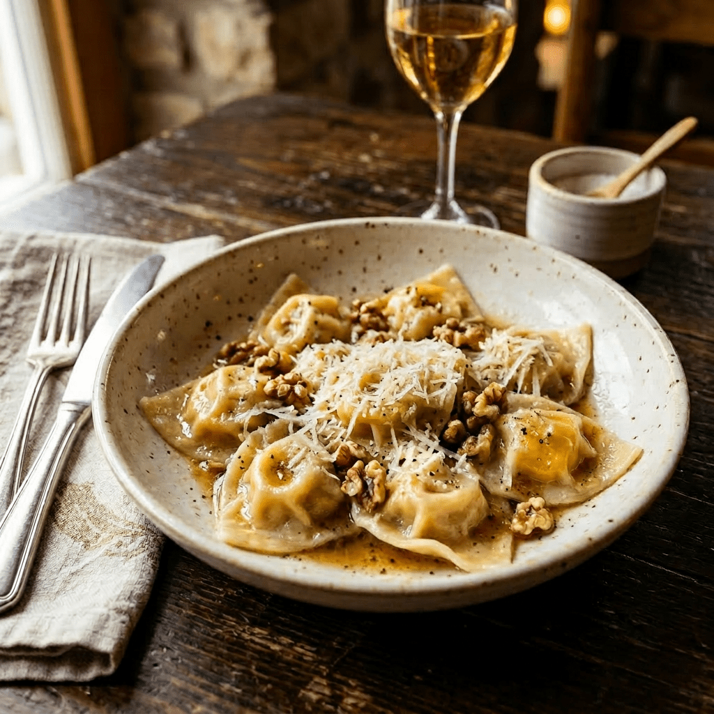 Ravioli pasta served with fried sage leaves, walnuts, and grated cheese in a rustic bowl