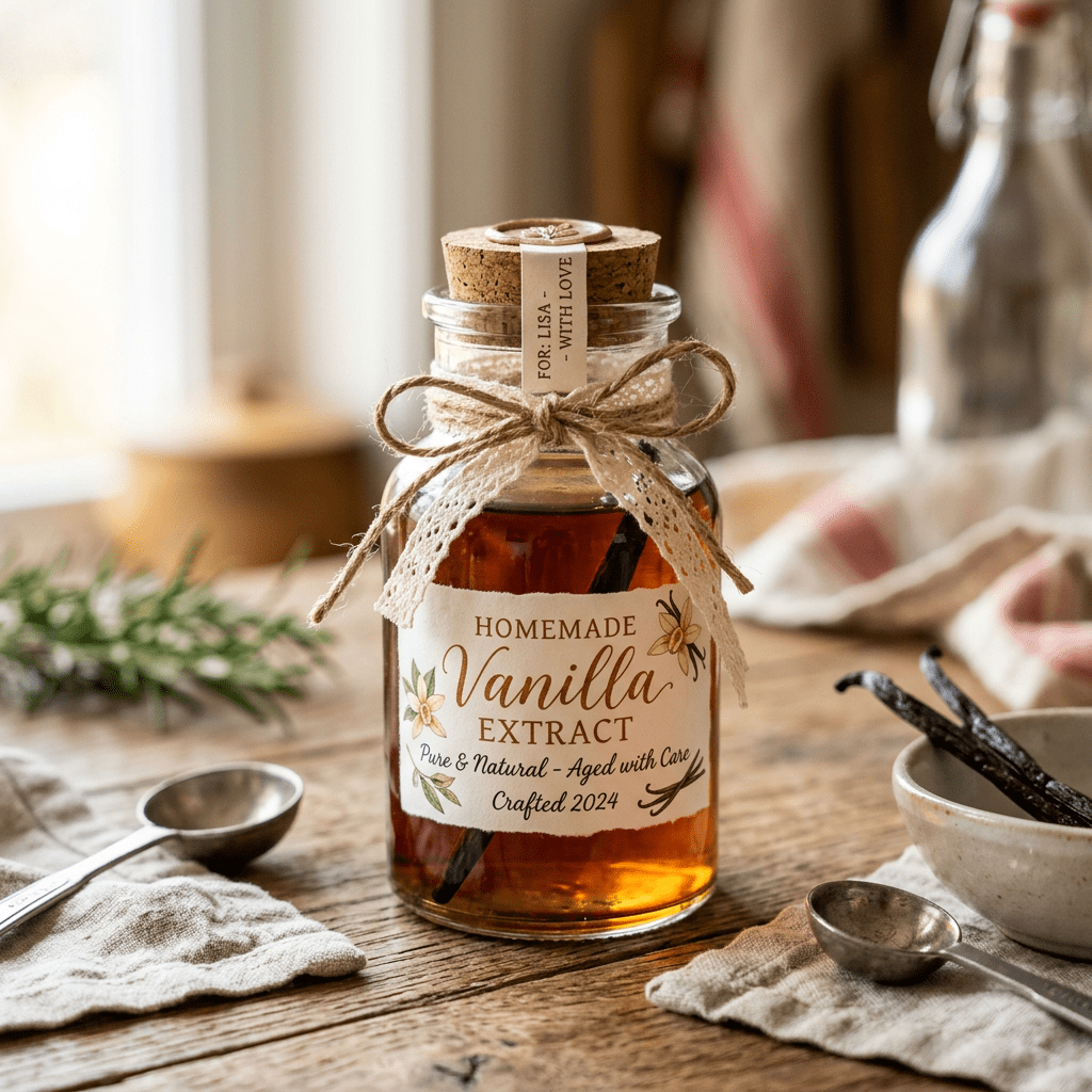 Glass jar of homemade vanilla extract with cork stopper and decorative label