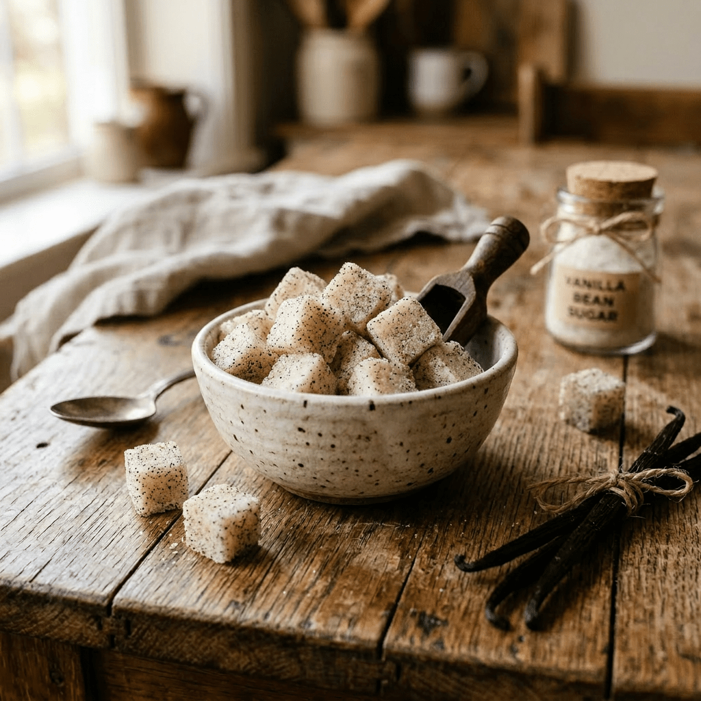 Bowl of vanilla bean sugar cubes with wooden scoop, vanilla pods, and jar of vanilla bean sugar on wooden table