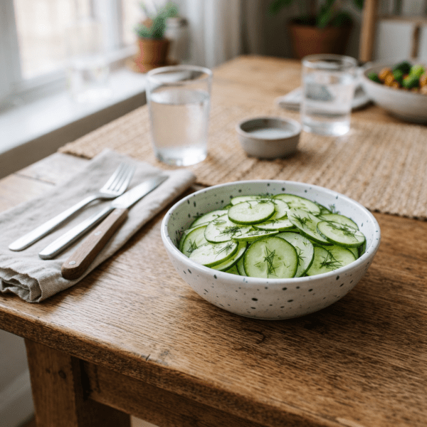 bowl of cucumber salad with dill and thin onion slices alongside a bowl of quinoa with chicken, broccoli, chickpeas, and sweet potato