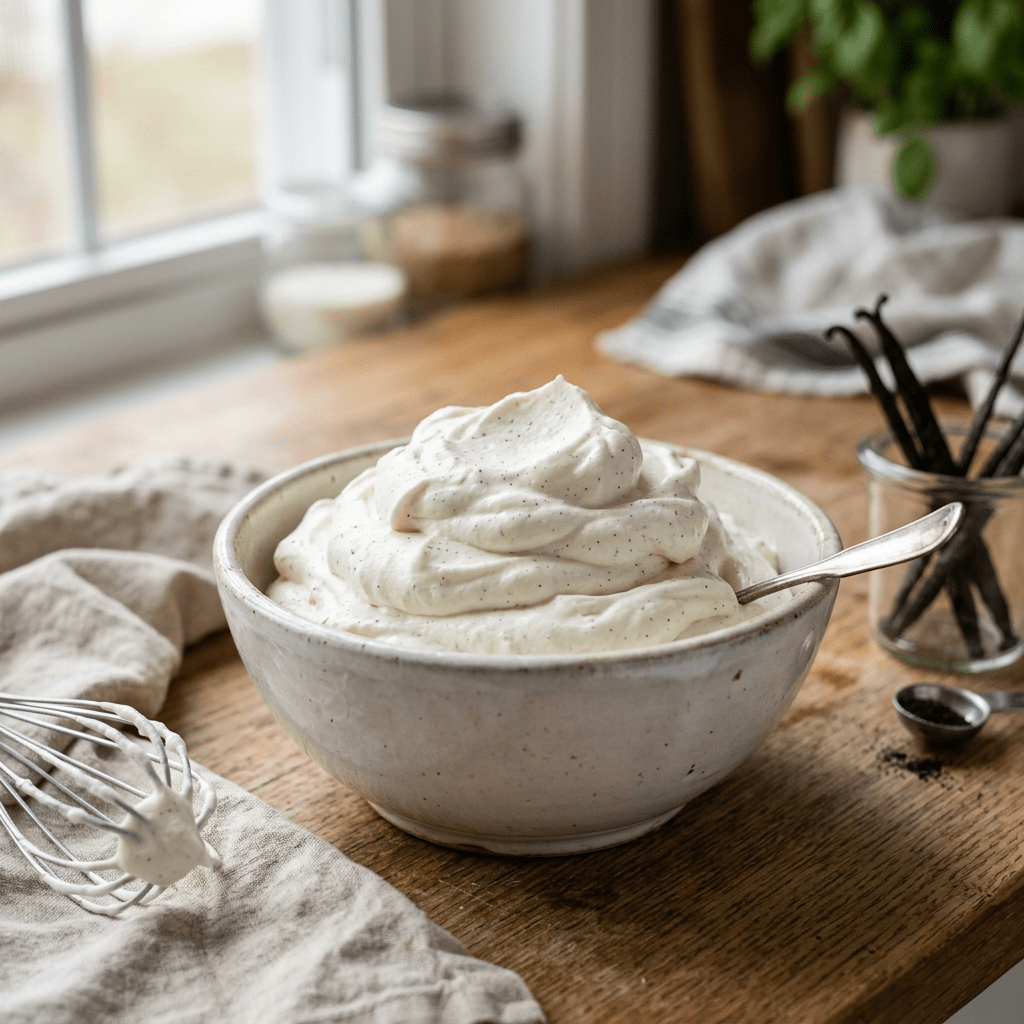 Bowl of whipped cream with visible vanilla bean specks and a spoon