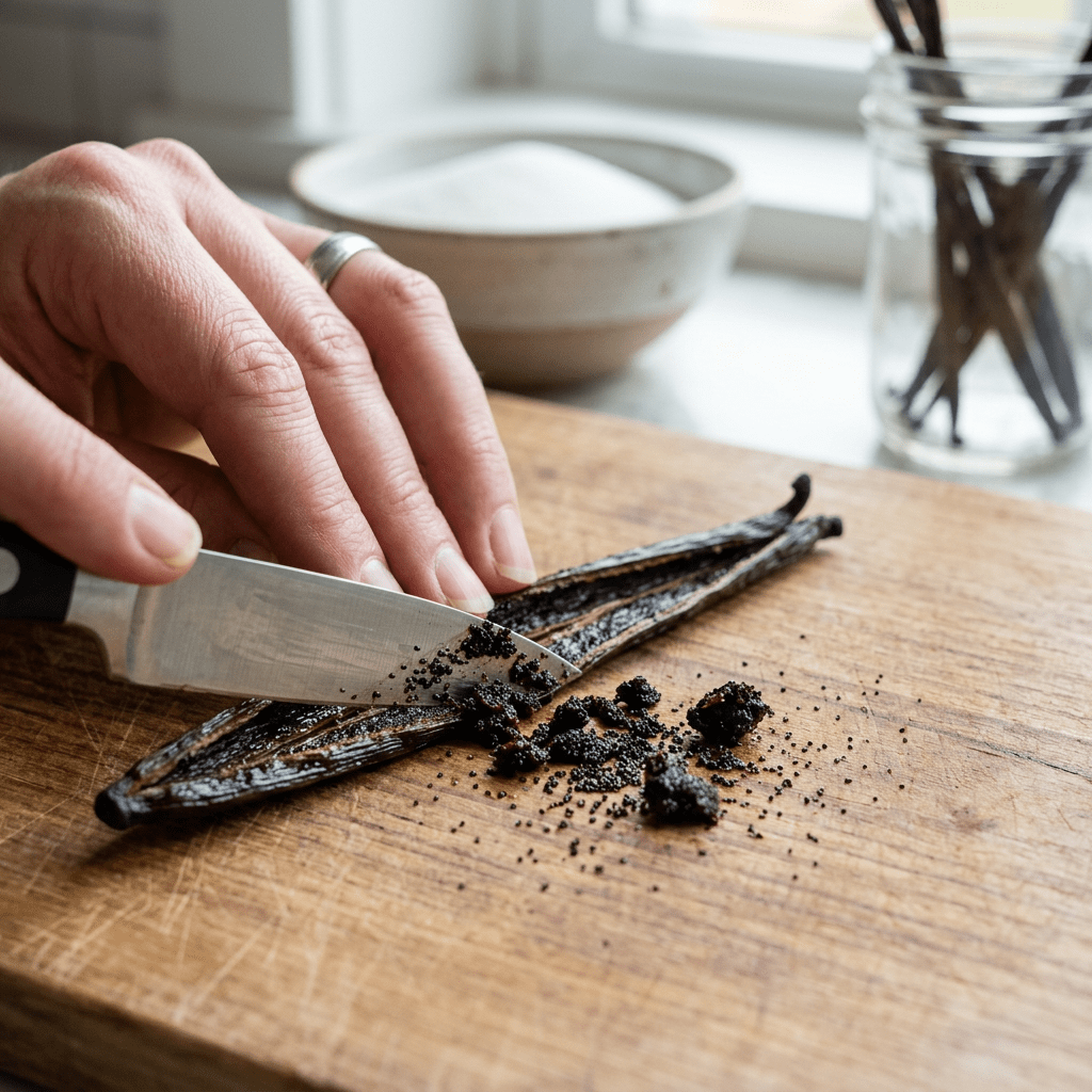 Hand scraping black vanilla bean seeds from split pod with knife on wood board