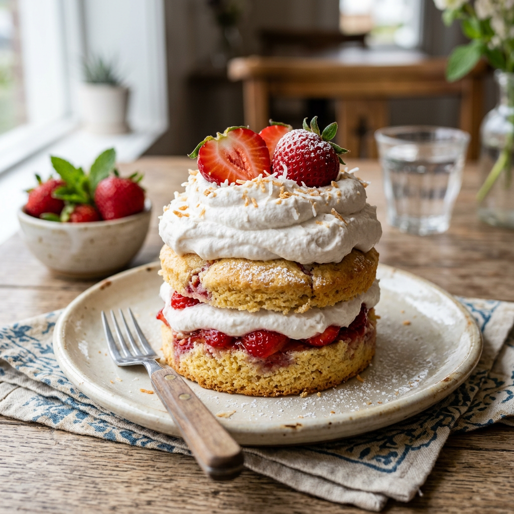 Two-layer strawberry shortcake with whipped cream and fresh strawberries on a plate