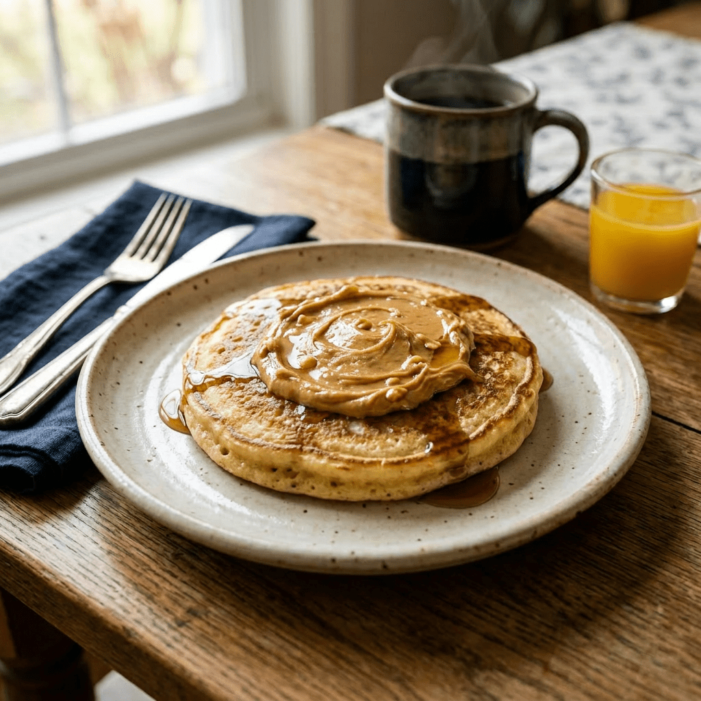 Fluffy pancake with melted butter, blueberries, and syrup on a plate with coffee mug and glass of orange juice