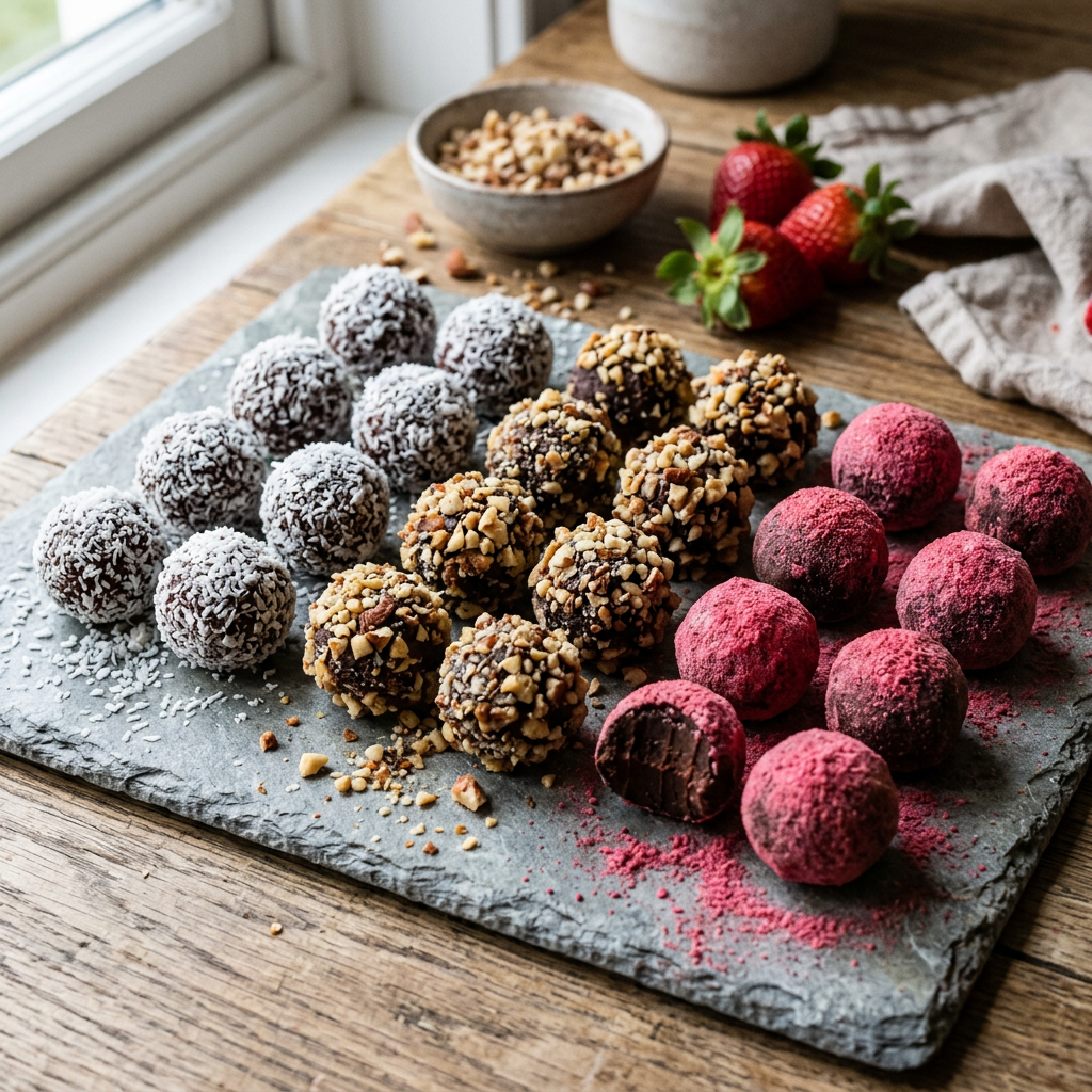 Rows of chocolate truffles coated with shredded coconut, chopped nuts, and pink raspberry powder on a slate board.