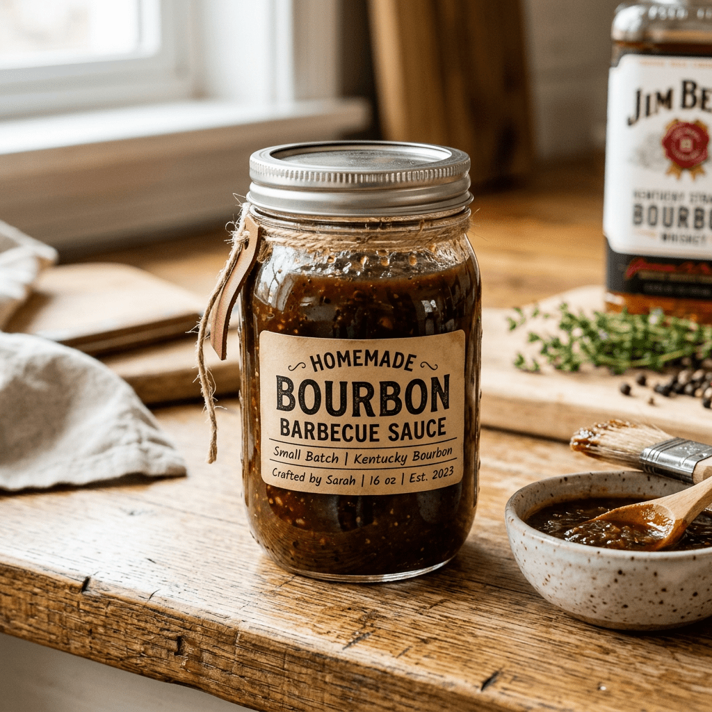 Jar of homemade bourbon barbecue sauce labeled with small batch Kentucky bourbon