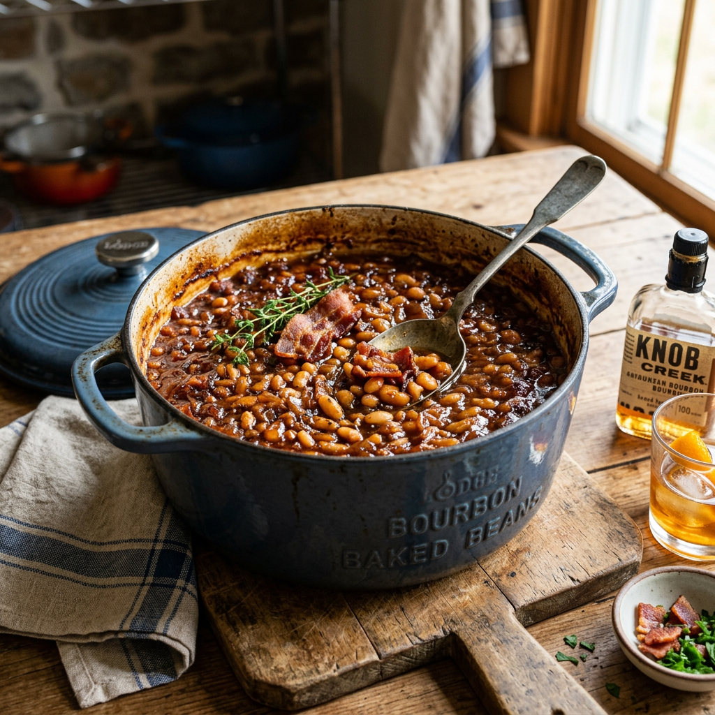 Large blue Dutch oven filled with bourbon baked beans garnished with bacon and thyme
