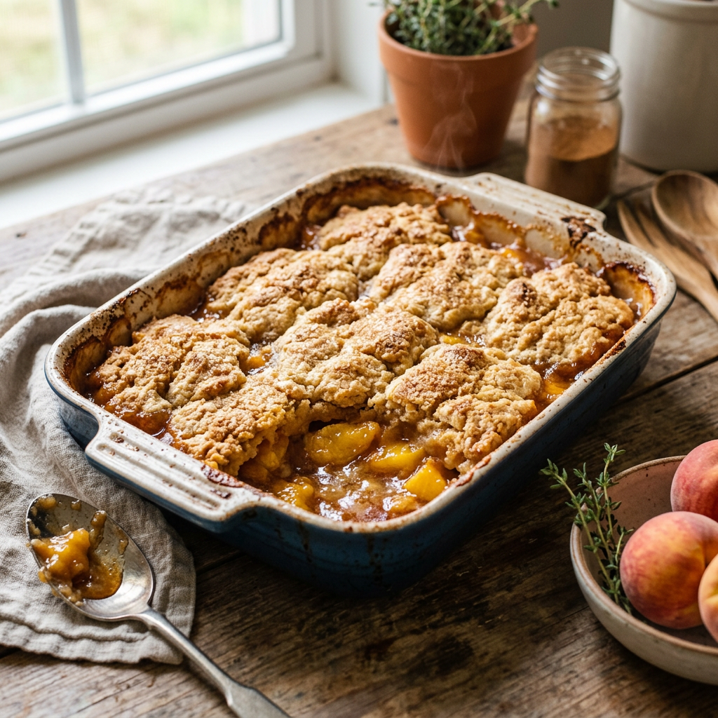 Baking dish with steaming peach cobbler and golden crust