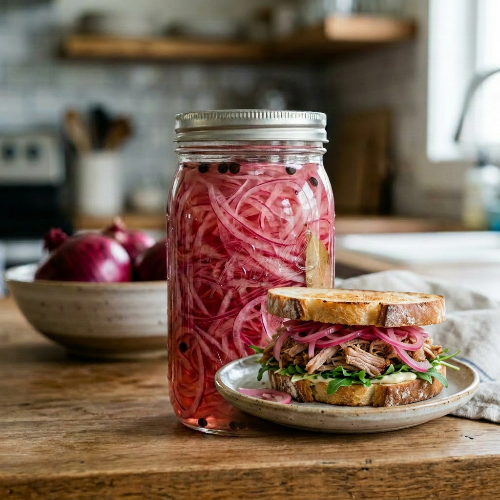 Mason jar filled with sliced red onions, black peppercorns, and bay leaf in liquid pickling solution