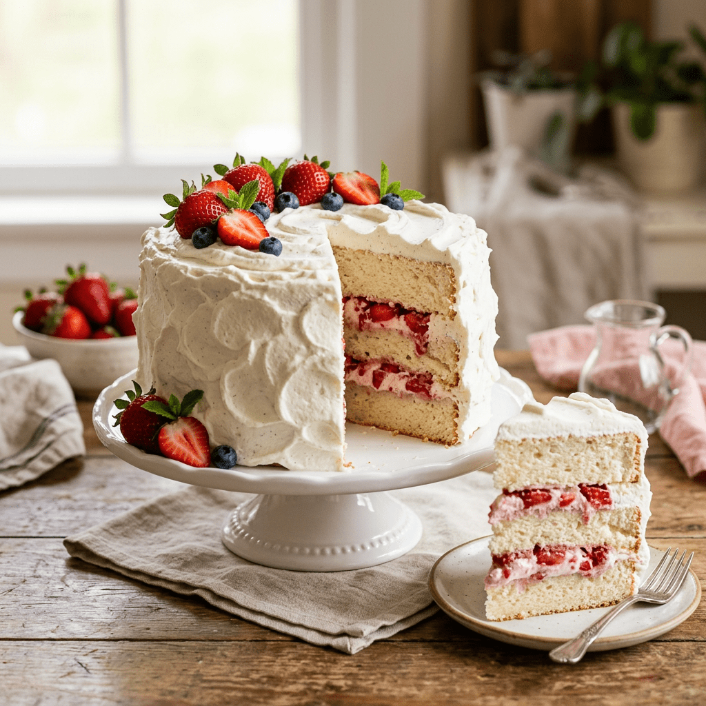 Layered vanilla cake with white frosting, strawberries, and blueberries on top