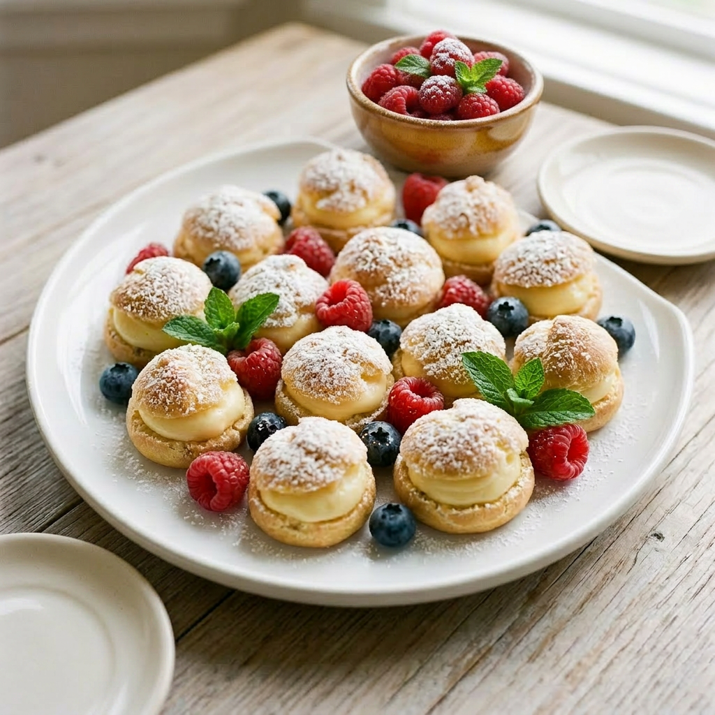 Tray of small cream puffs filled with cream, topped with powdered sugar, raspberries, blueberries, and mint leaves