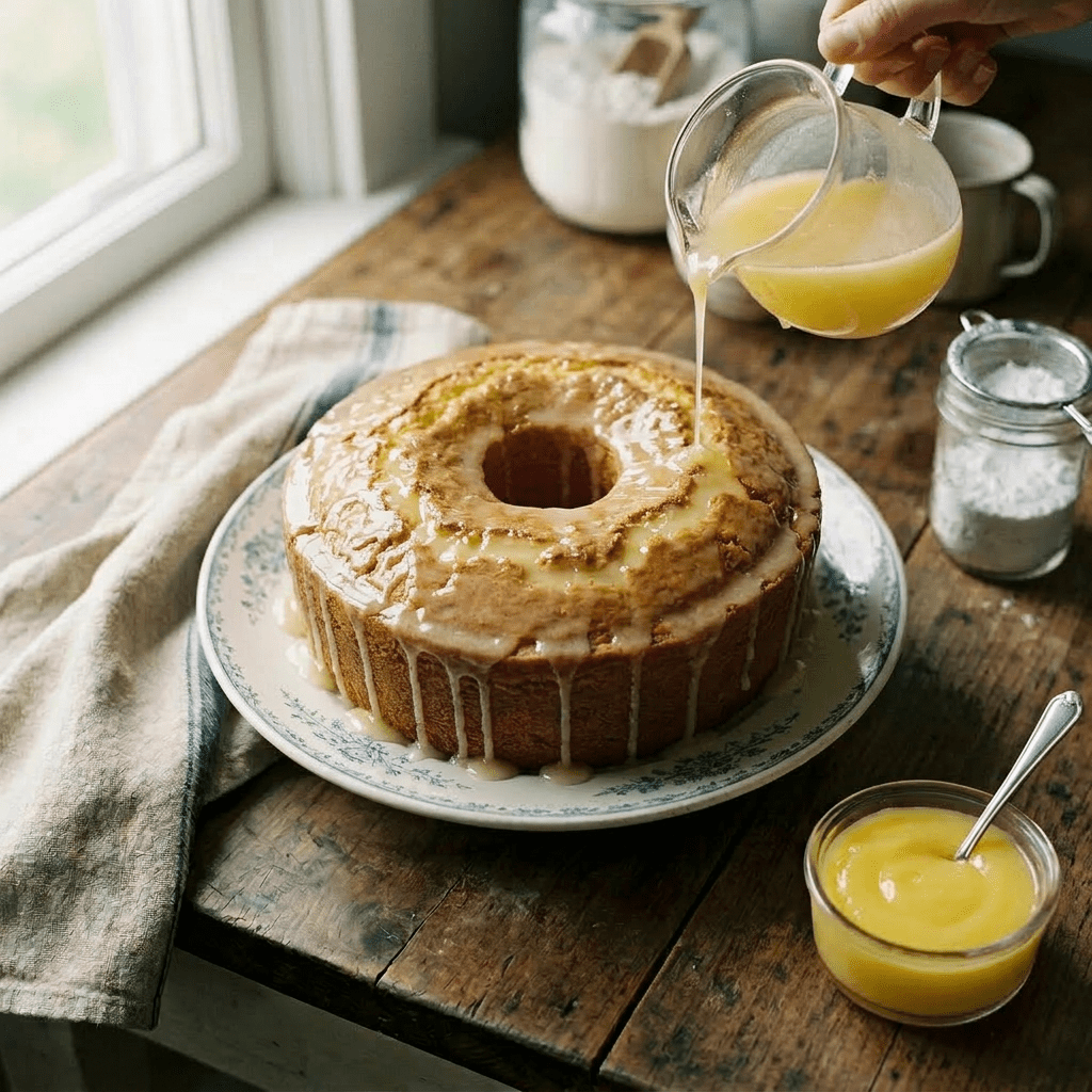 Freshly baked bundt cake in a metal pan with a slice on a plate nearby