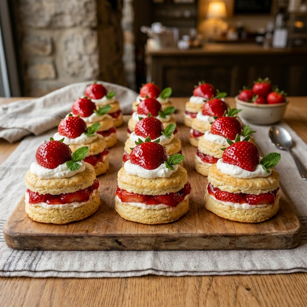 Fresh strawberry shortcakes topped with whipped cream and mint leaves on a wooden board