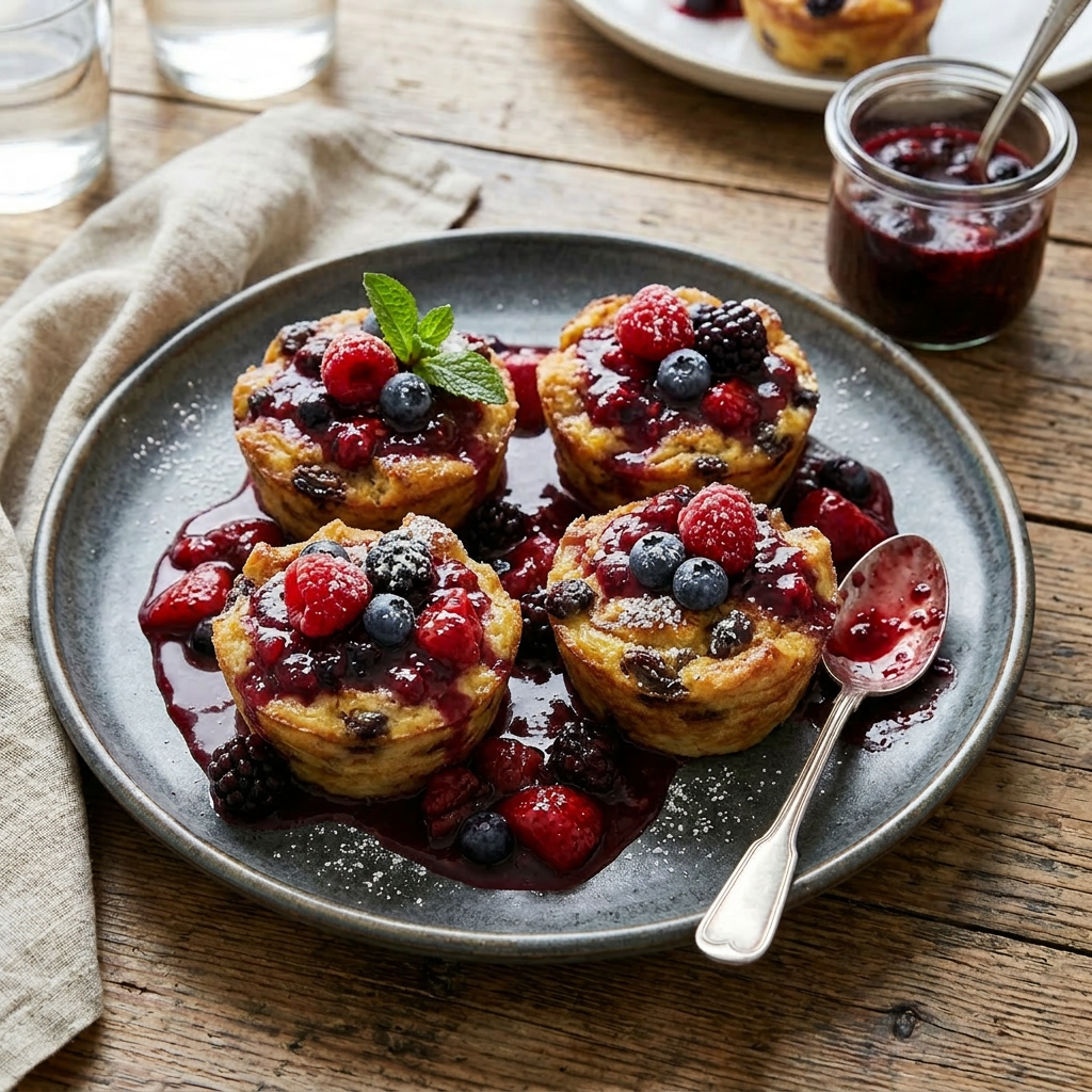 Four square desserts with mixed berries and berry sauce on a round gray plate with a spoon