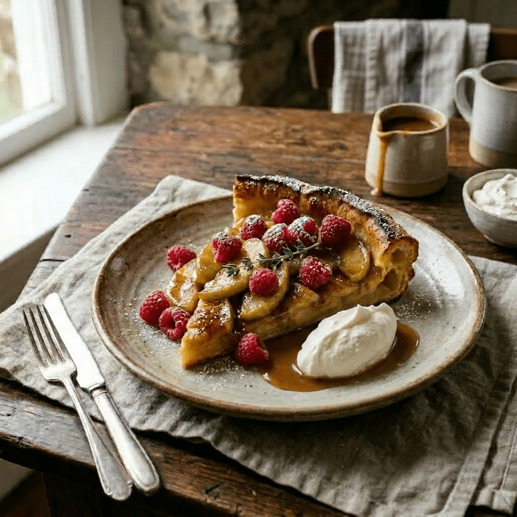 Dutch baby pancake with caramelized apple slices and thyme in cast iron skillet