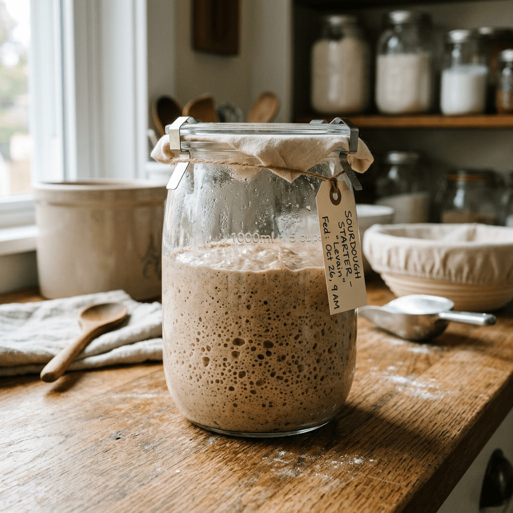 Jar of bubbly sourdough starter on a wooden kitchen counter with cloth cover and label