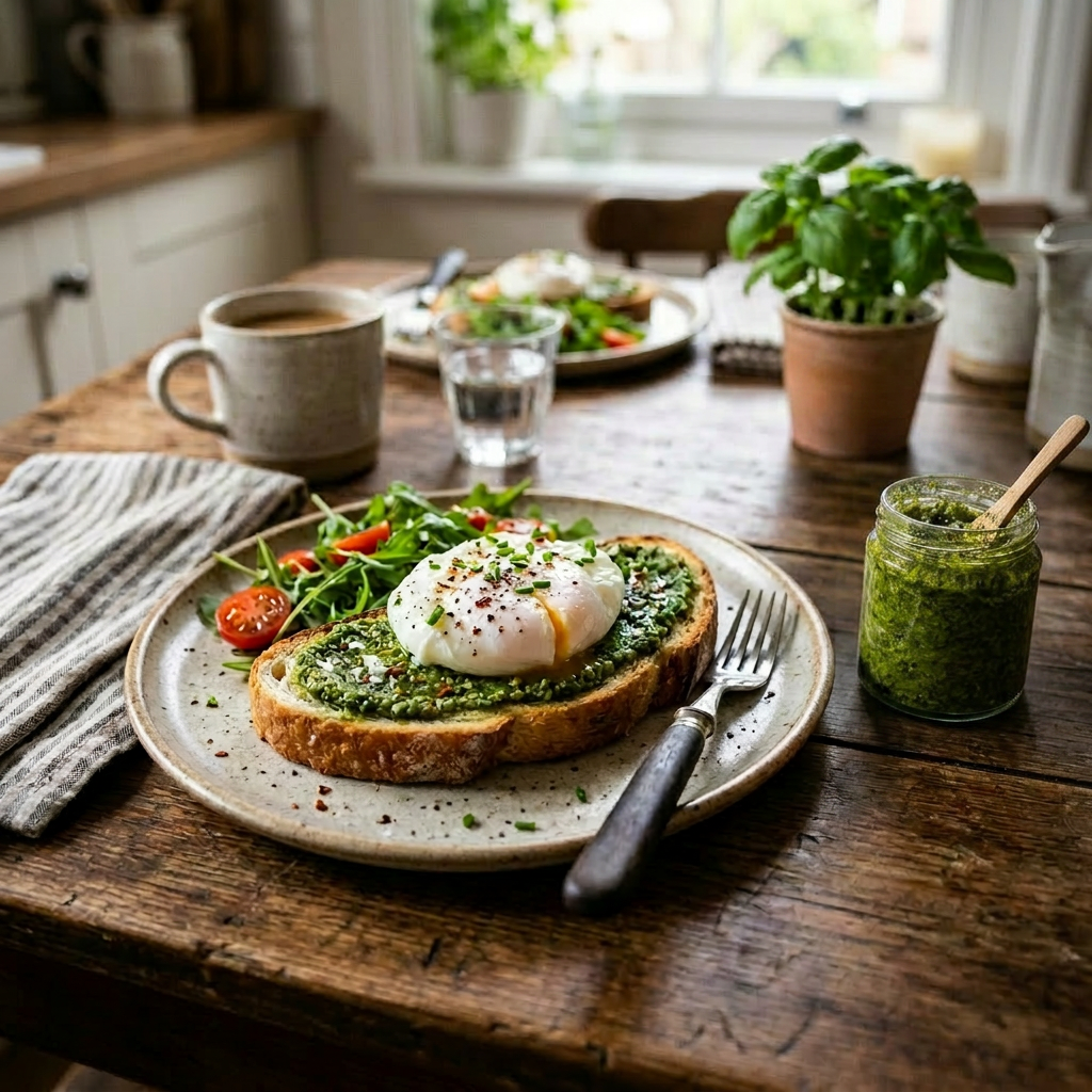 Toast with Genovese pesto, poached egg, and salad on a ceramic plate with coffee cup