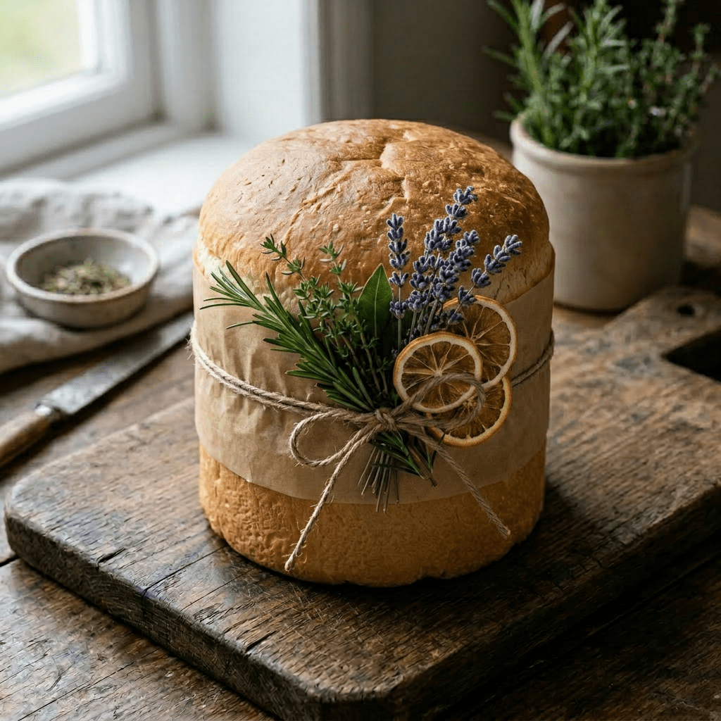 Round sourdough bread wrapped in parchment paper tied with twine and garnished with rosemary, thyme, and bay leaves on a wooden board
