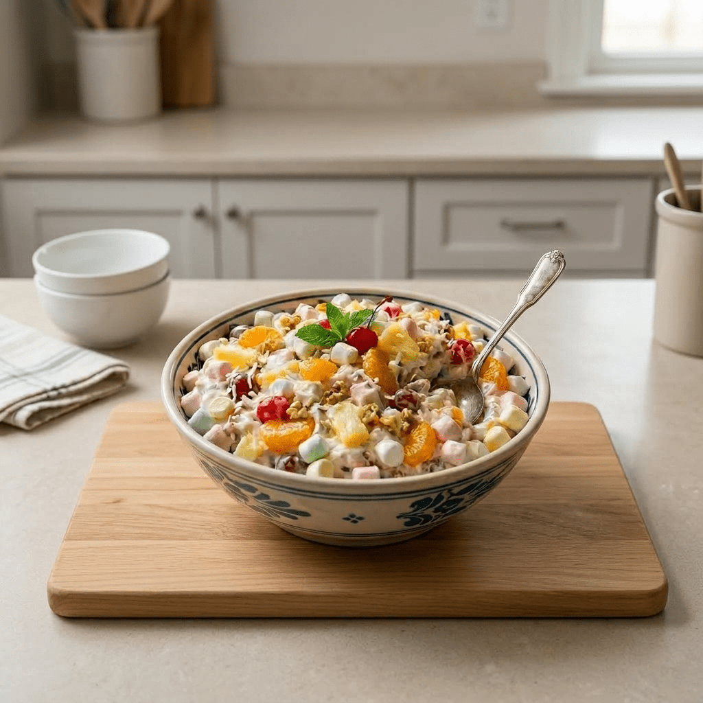 Place ambrosia in simple neutral kitchen setting