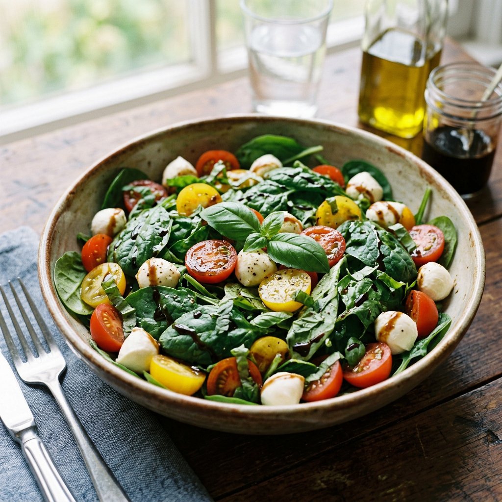 Spinach salad with red and yellow cherry tomatoes, mozzarella balls, and balsamic dressing