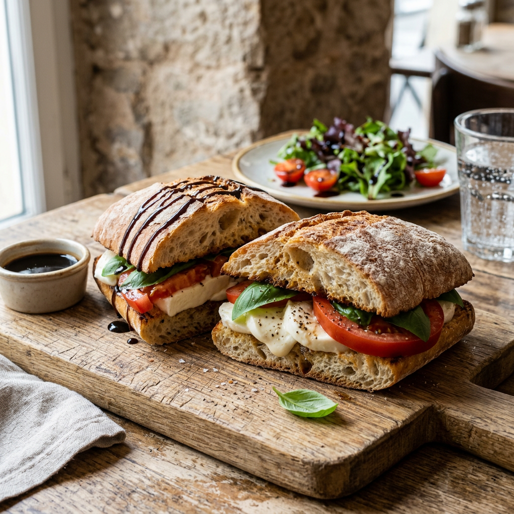 Caprese sandwich with tomato, mozzarella, basil on ciabatta bread and side salad with cherry tomatoes