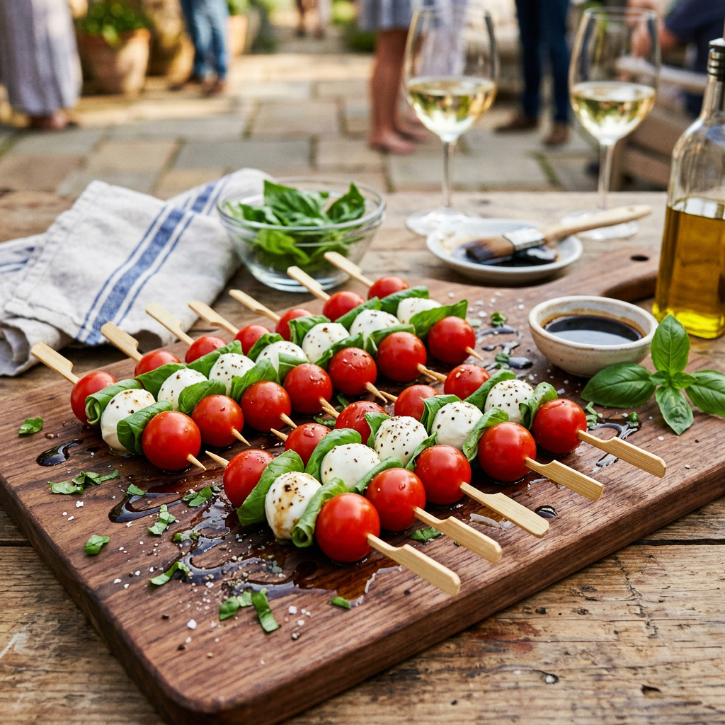 Skewers with cherry tomatoes, mozzarella balls, and basil leaves on wooden board with balsamic glaze