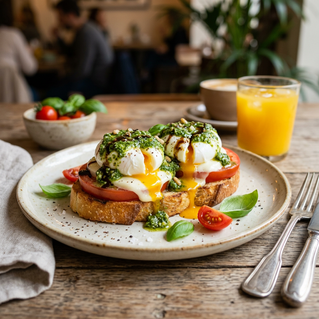 Poached eggs on toast with pesto sauce and tomato slices