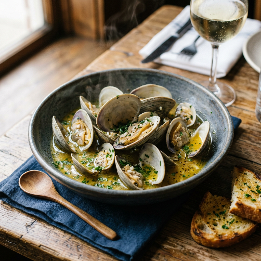 Steaming clams in garlic butter sauce garnished with herbs, served with toasted bread and a glass of white wine
