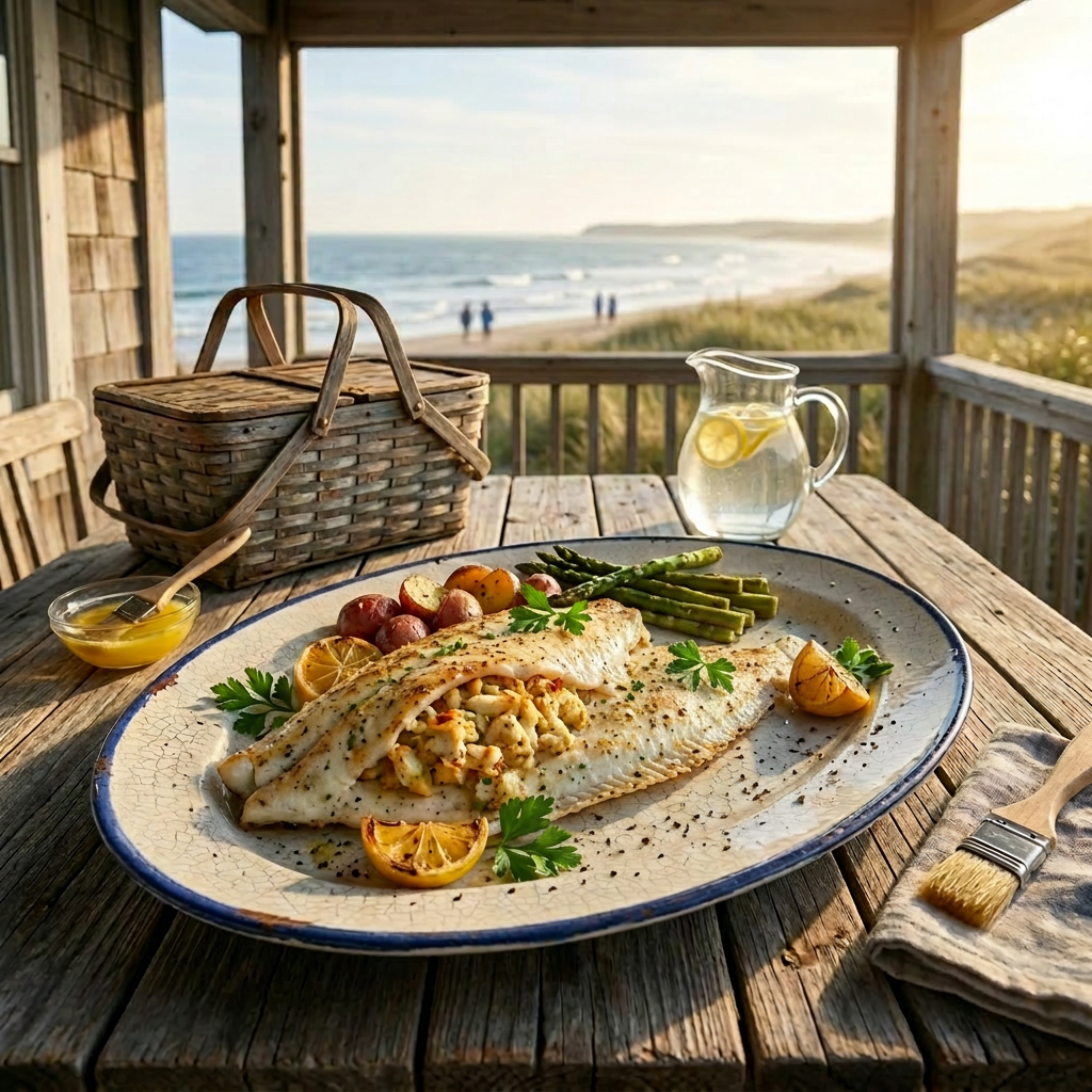 Stuffed fish on a plate with lemon, potatoes, asparagus, and a pitcher of lemon water on a wooden table by the ocean