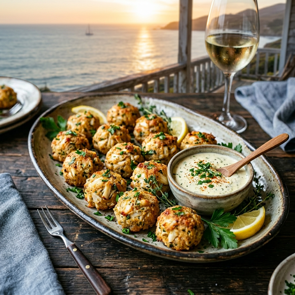 Golden crab cakes garnished with herbs on a ceramic platter with creamy dip and lemon wedges