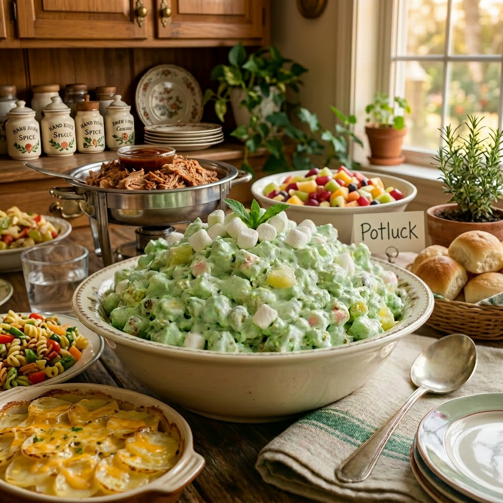 Creamy green pistachio salad with mini marshmallows in a bowl on a wooden table