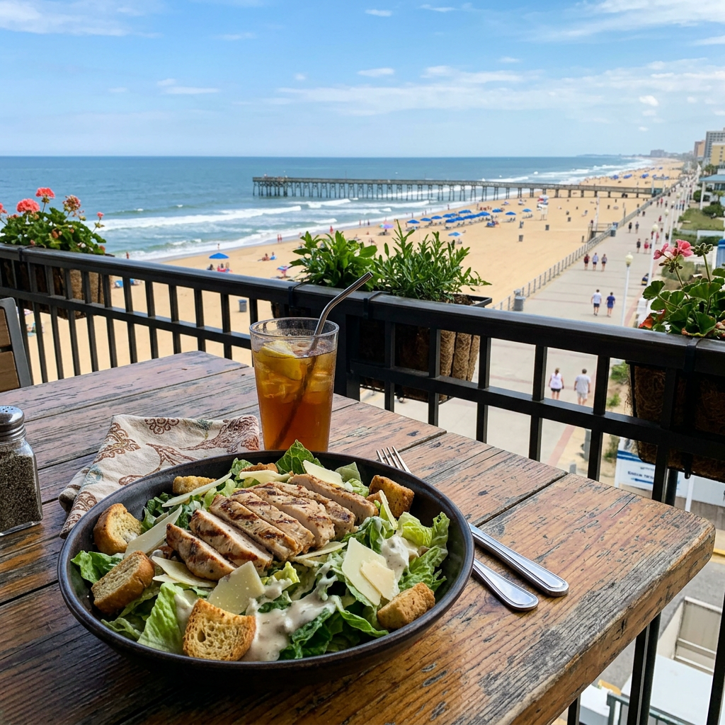 Grilled chicken Caesar salad with iced tea on wooden table overlooking beach and pier