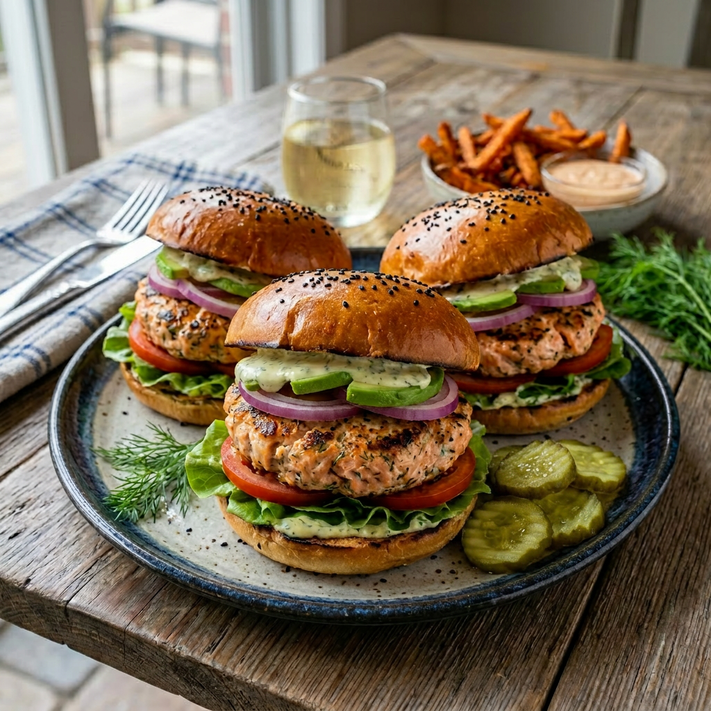 Three salmon burgers with lettuce, tomato, red onion, cheese, and sauce on sesame buns with sweet potato fries and dipping sauce