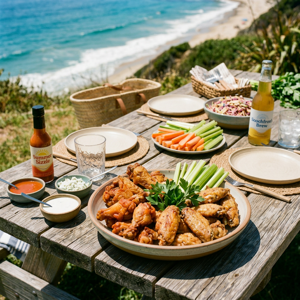 Picnic table with plates of chicken wings, celery, carrot sticks, salad, sauces, and drinks by the ocean