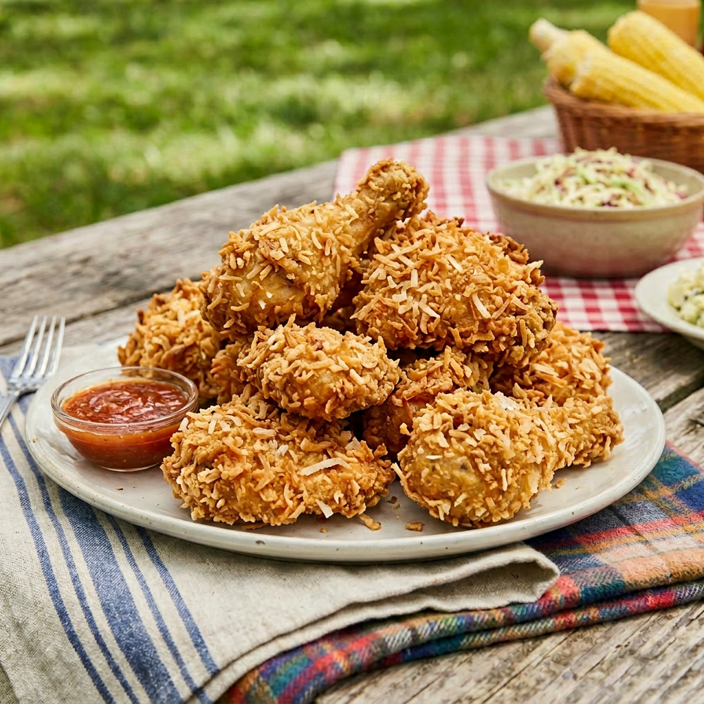 Outdoor Southern picnic feast setup Picnic table with fried chicken, corn on the cob, coleslaw, macaroni salad, drinks, and condiments in a park.