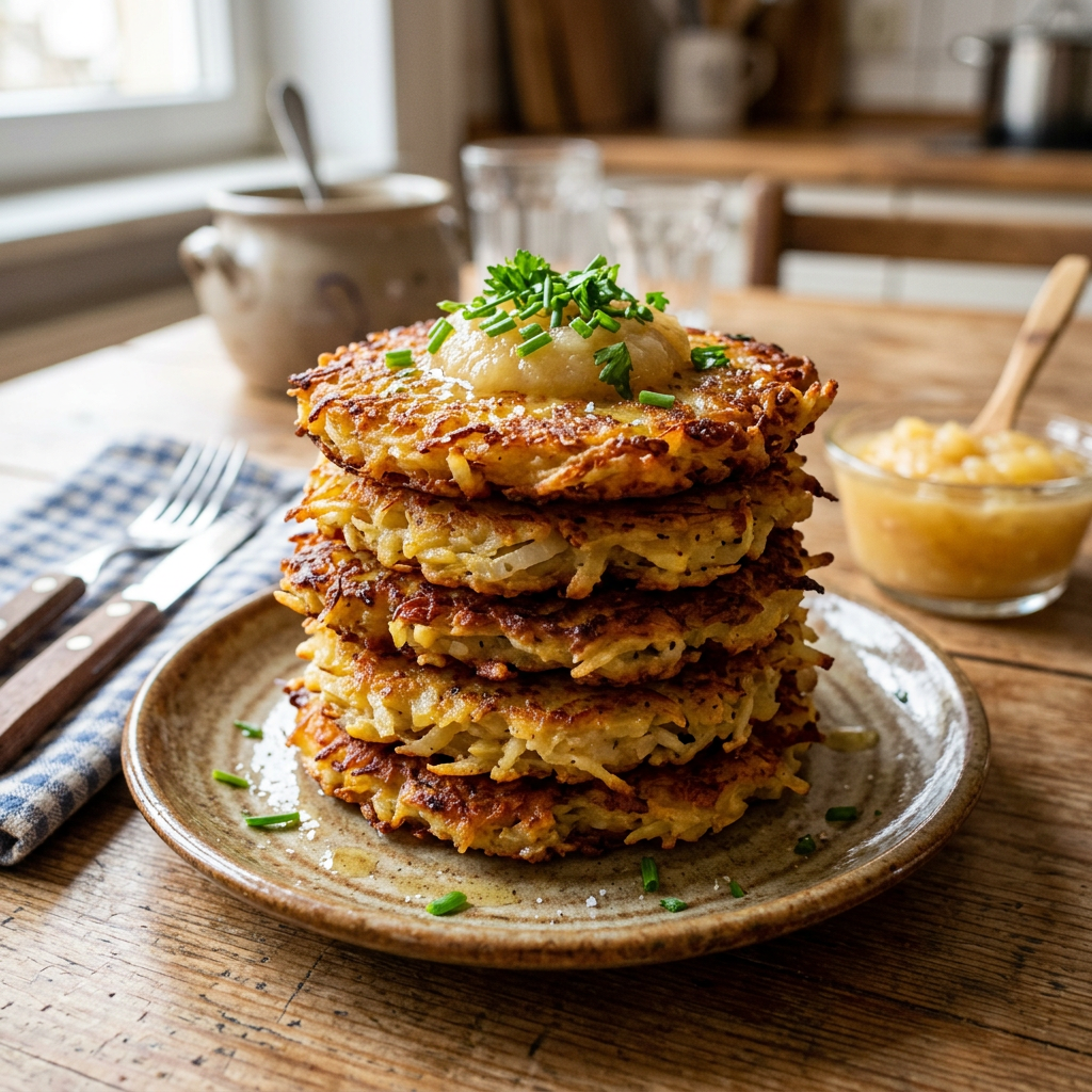 Stack of crispy potato latkes topped with applesauce and chopped chives on a plate