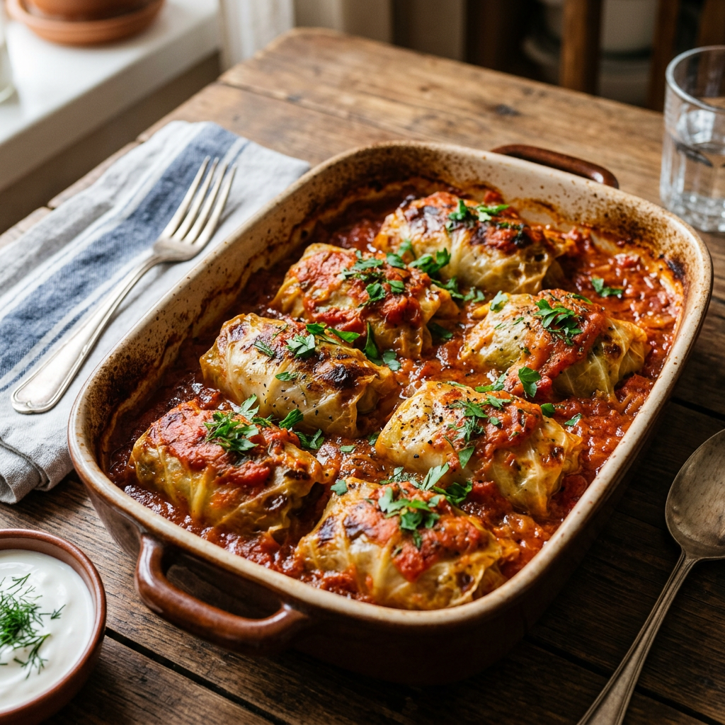 Baked cabbage rolls in tomato sauce topped with chopped herbs