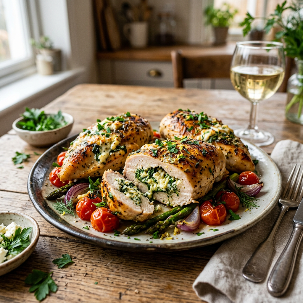 Stuffed chicken breast with spinach and cheese, served with roasted cherry tomatoes, asparagus, and red onions on a plate