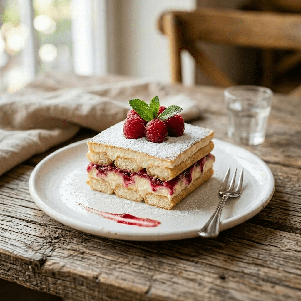 Slice of tiramisu with raspberries and mint on plate with fork